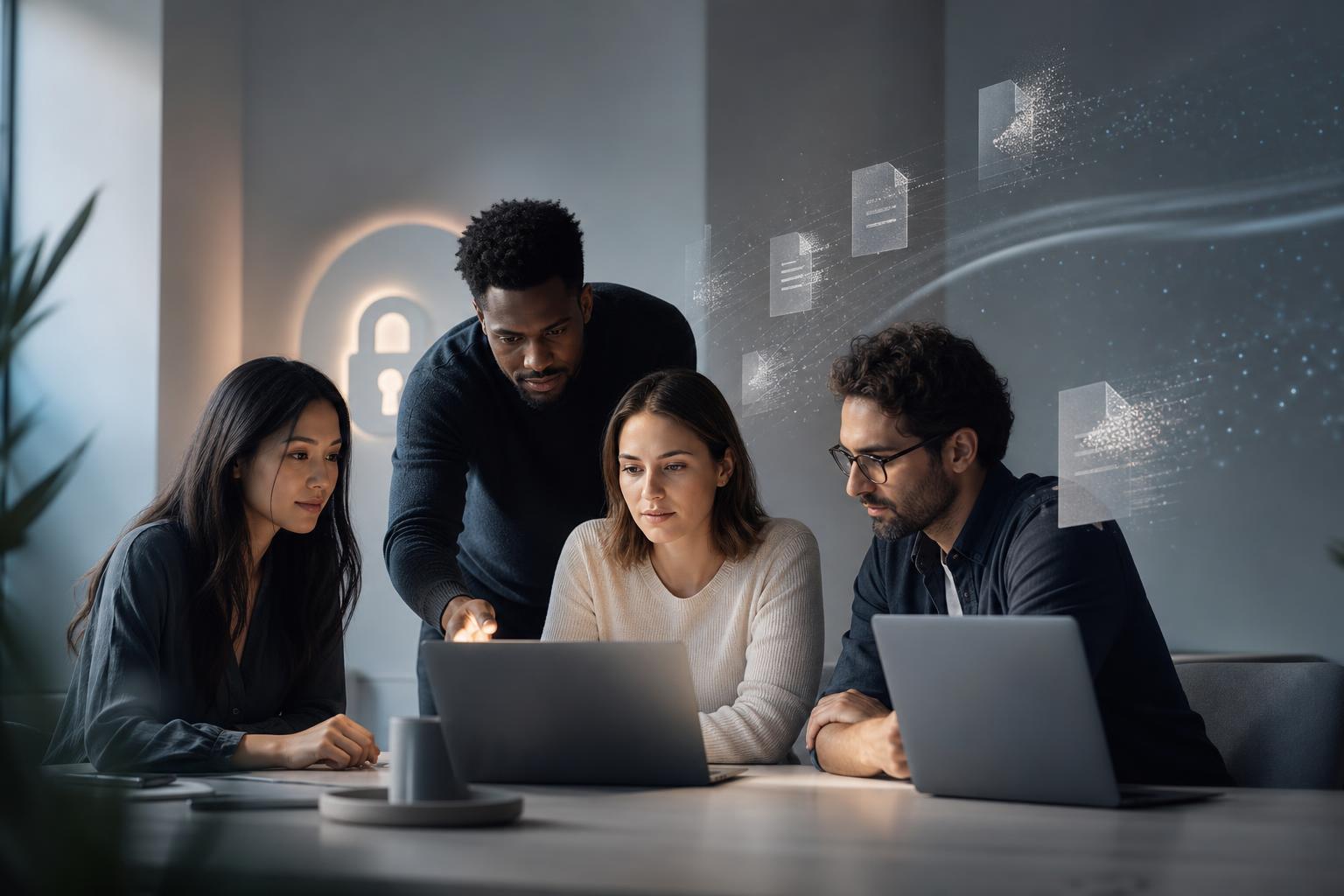 A small team collaborating while faint digital trails fade away in the background