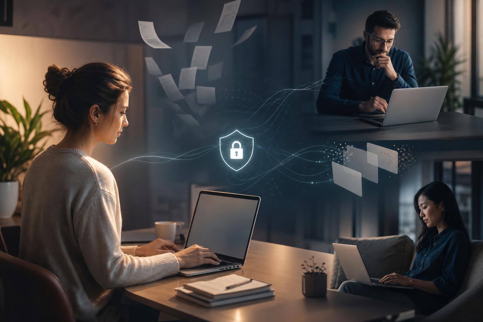 A privacy-focused collaboration workspace with digital files fading away to represent reduced data trails.