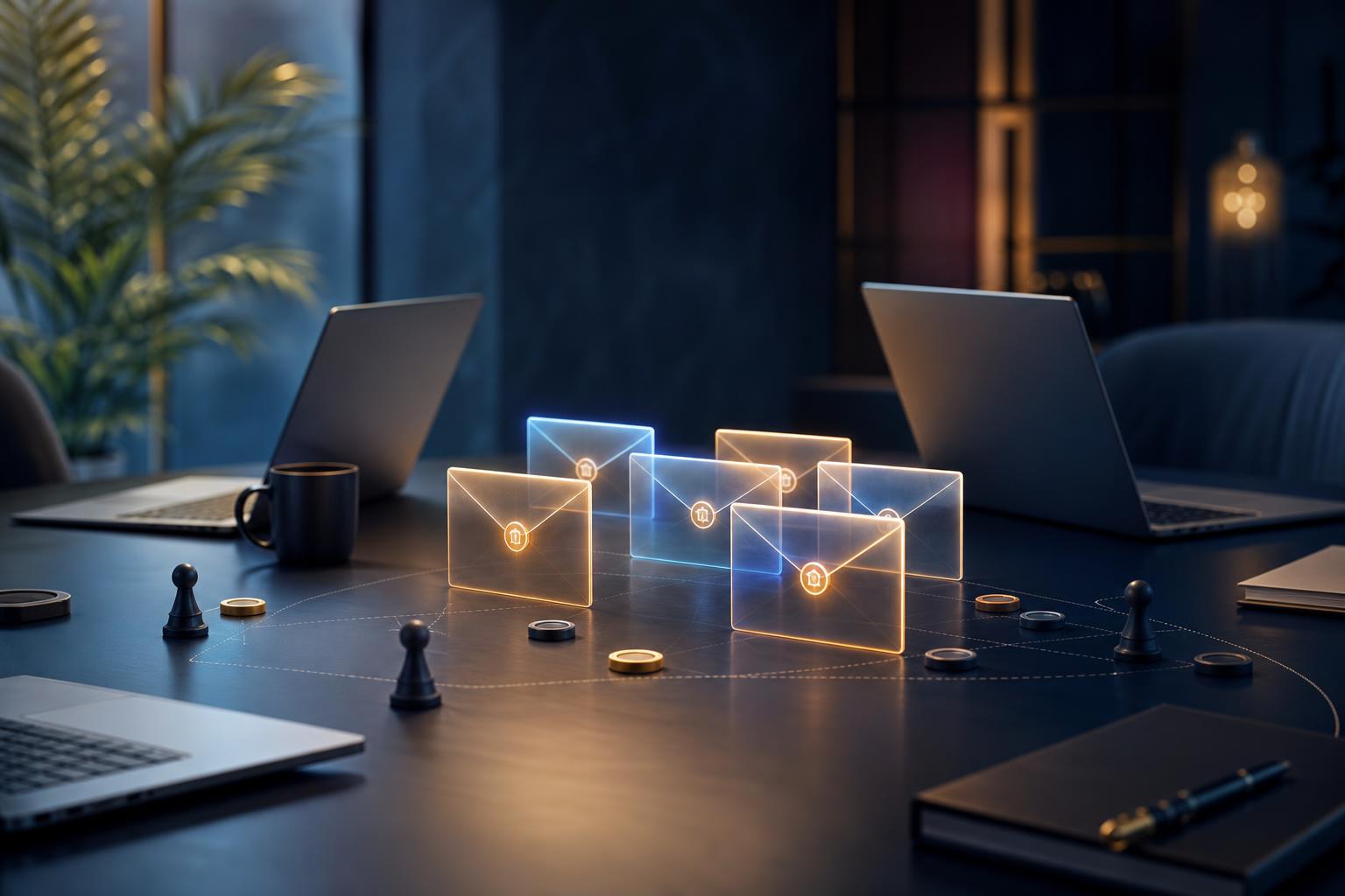 A private team table with sealed digital cards representing simultaneous secret reveals.
