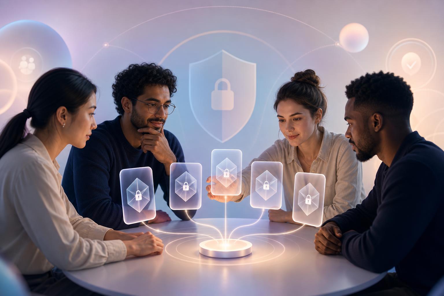 Abstract private decision workflow with sealed digital cards ready for simultaneous reveal