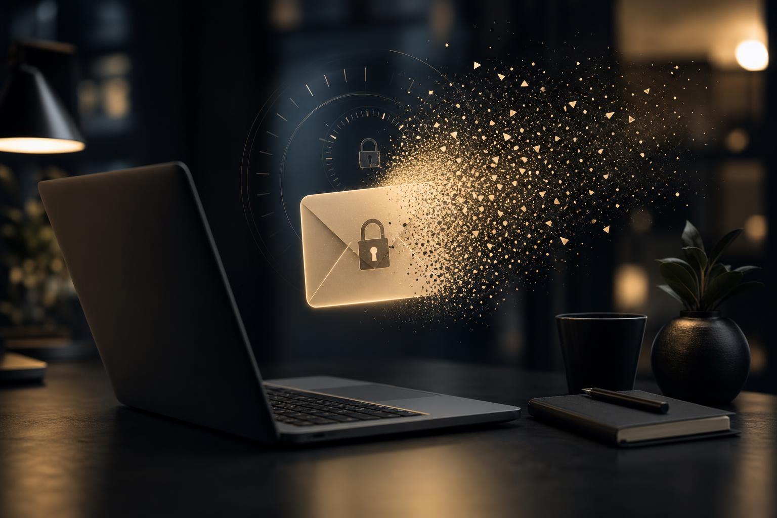 A private message link disappearing from a laptop screen to symbolize safe password sharing without permanent chat history