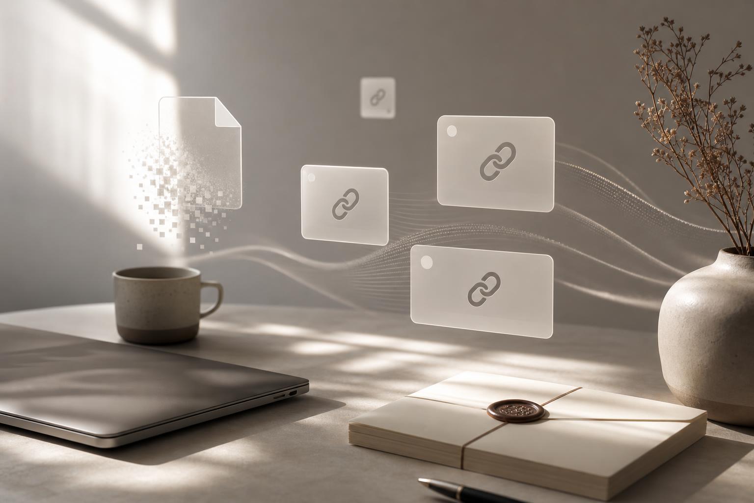 Abstract private sharing workspace with temporary links, notes, and files fading over time